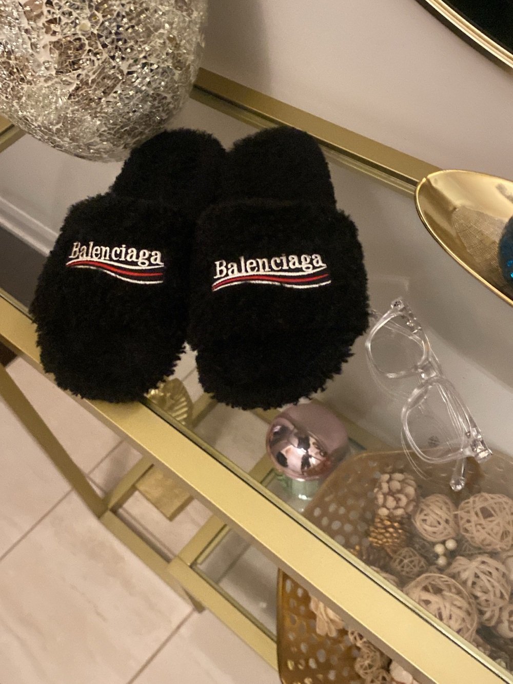 Balenciaga Unisex Black Fuzzy Logo Slide Slippers
